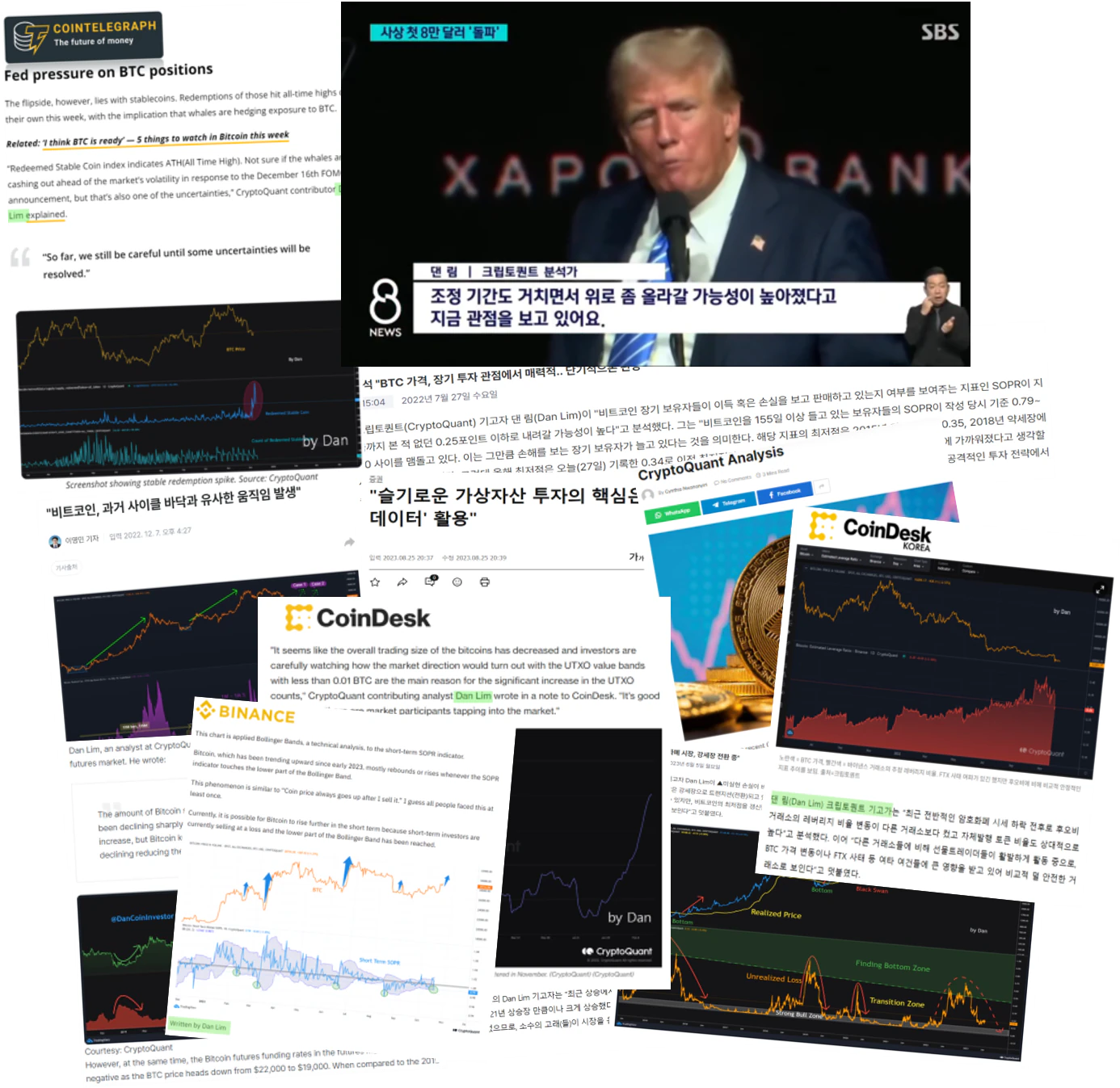 SBS, Cointelegraph, CoinDesk, CoinDesk Korea, Binance, CryptoQuant 등에 인용된 Crypto Dan(댄 림)의 분석 기사 모음