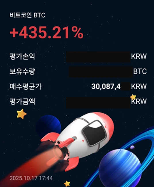 업비트 비트코인 수익률 +435.21% 화면 (2025.10.17, 금액 정보 가림)